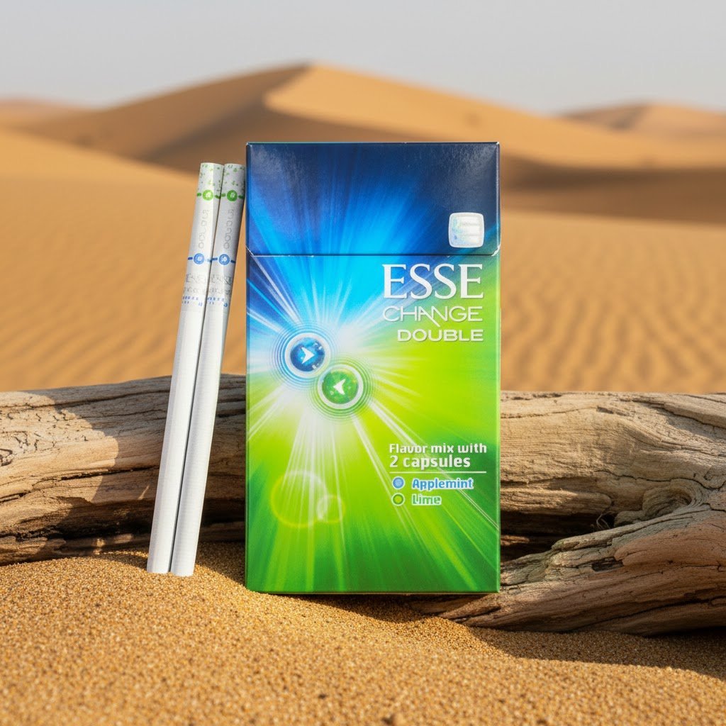 ซองบุหรี่ ESSE Change Double Lime ดีไซน์สีเขียวฟ้า พร้อมมวนบุหรี่ วางบนขอนไม้ท่ามกลางทะเลทราย