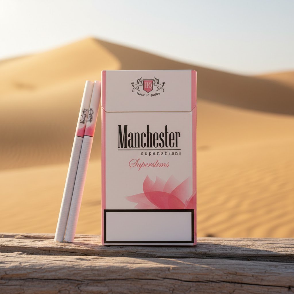 ซองบุหรี่ Manchester Pink SuperSlim สีขาวชมพู วางบนขอนไม้กลางทะเลทราย แสงแดดสีทอง ดีไซน์ทันสมัย