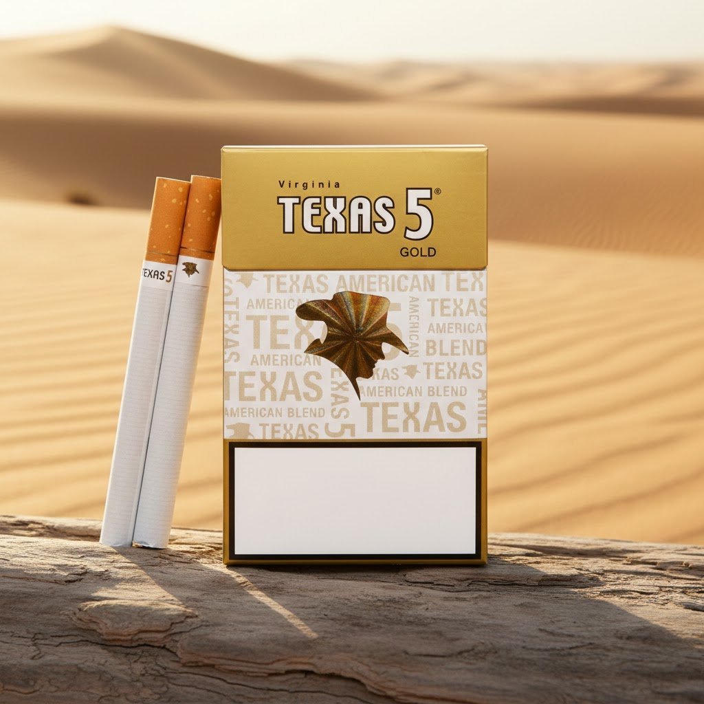 ซองบุหรี่ Texas 5 Gold วางบนขอนไม้ในทะเลทราย แสงสีทองพรีเมียม แสดงดีไซน์ซองสีทองและมวนบุหรี่