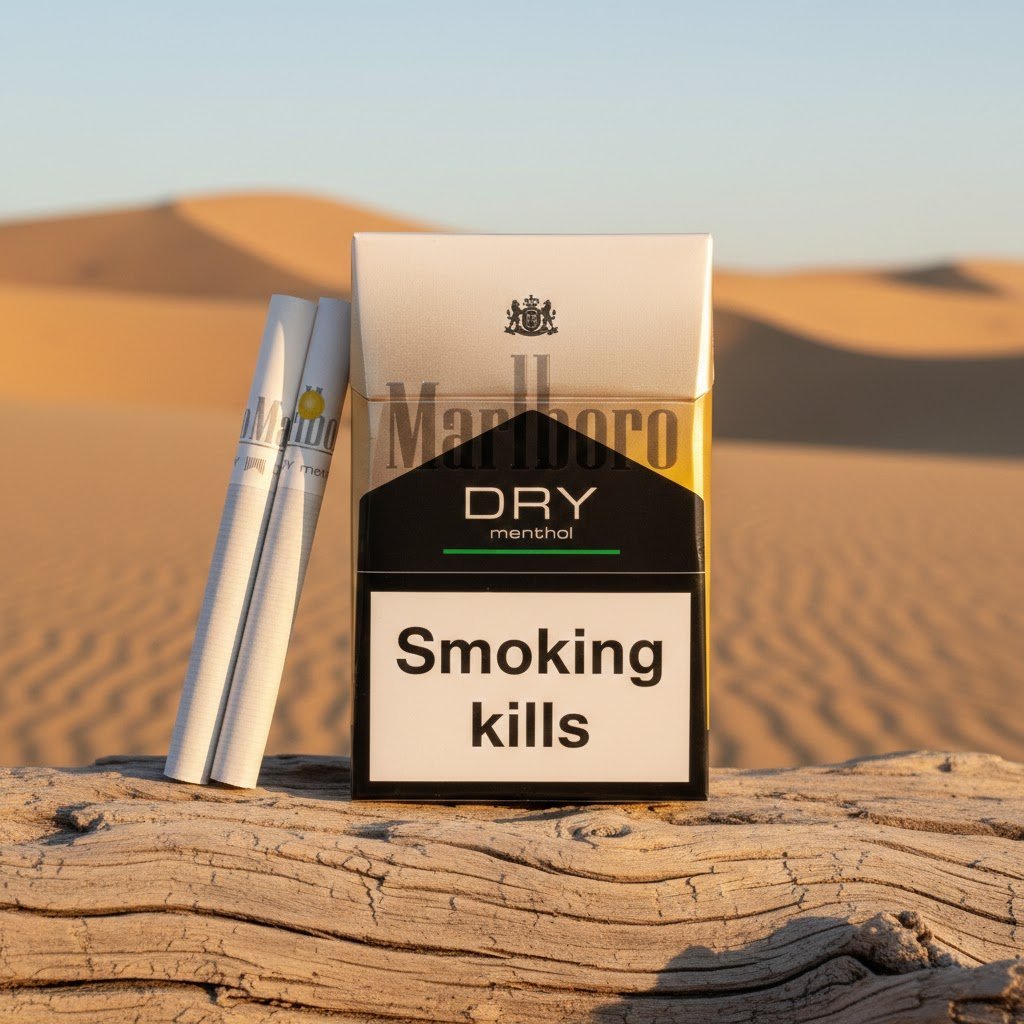 ซองบุหรี่ Marlboro Dry Menthol และมวนบุหรี่ วางบนขอนไม้ท่ามกลางทิวทัศน์ทะเลทรายสีทอง