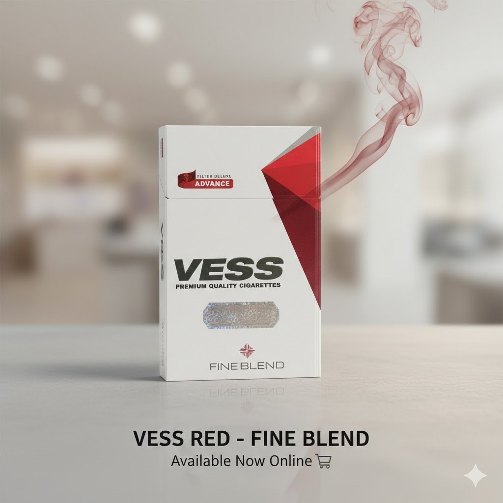 ซองบุหรี่ Vess Red แบบซองแข็ง วางบนพื้นผิวเรียบหรู พร้อมควันสีแดงจางๆ สื่อถึงความนุ่มและมีระดับ