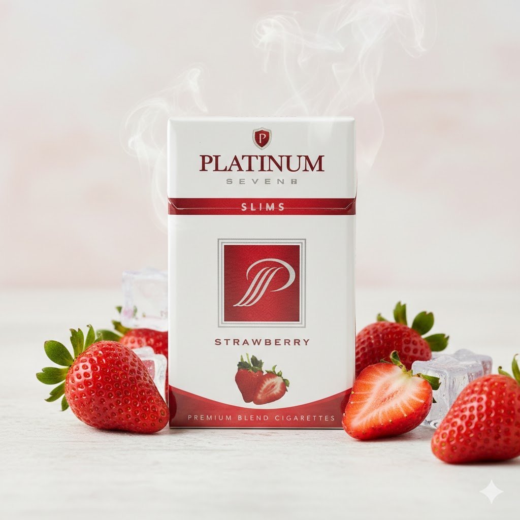ซองบุหรี่ Platinum Seven Strawberry สีขาวแดง รายล้อมด้วยผลสตรอว์เบอร์รีสดและน้ำแข็ง สื่อถึงความหอมหวานสดชื่น