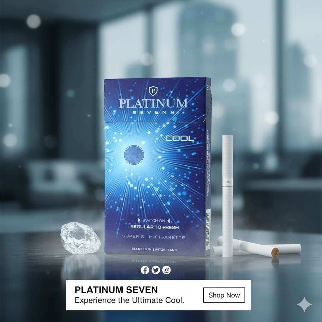 ซองบุหรี่ Platinum Seven สีน้ำเงินเข้มดีไซน์ทันสมัย วางในบรรยากาศออฟฟิศที่หรูหราพร้อมไอเย็นและคริสตัลน้ำแข็ง