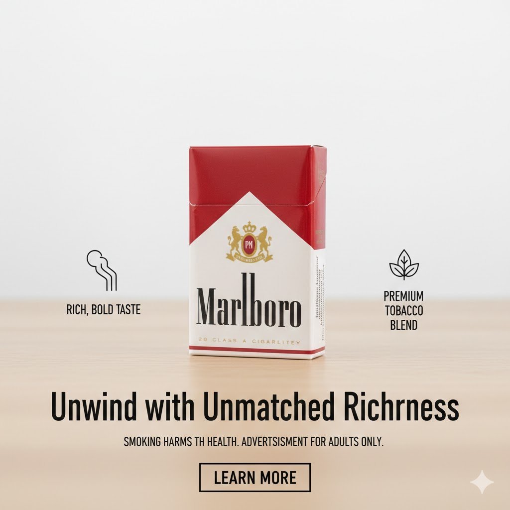 ซองบุหรี่ Marlboro Red (ซองอ่อน) ดีไซน์สีแดงขาวอันเป็นเอกลักษณ์ วางบนพื้นผิวไม้พร้อมไอคอนแสดงความเข้มข้นของรสชาติและคุณภาพใบยา