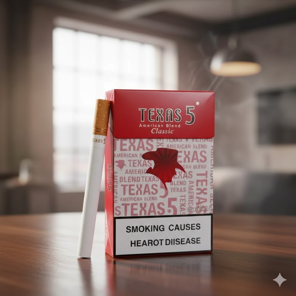 ซองบุหรี่ Texas 5 Classic วางบนโต๊ะไม้ในบรรยากาศผ่อนคลายสำหรับคนวัยทำงาน