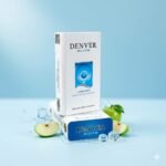 ซองบุหรี่ Denver Apple Mint วางคู่กับแอปเปิ้ลเขียวสดและก้อนน้ำแข็งบนพื้นหลังสีฟ้าสดใส