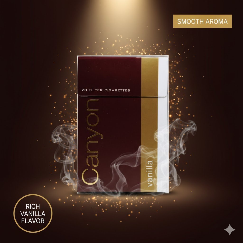 ซองบุหรี่ Canyon Vanilla สีน้ำตาลทองหรูหรา วางเด่นท่ามกลางประกายแสงและควันสีขาวพริ้วไหว พร้อมป้าย Smooth Aroma และ Rich Vanilla Flavor