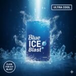 ซองบุหรี่ Blue Ice Blast สีน้ำเงินสด ท่ามกลางกราฟิกเกล็ดน้ำแข็งและไอเย็นขั้วโลก พร้อมข้อความ Ultra Cool และ Click for Icy Blast