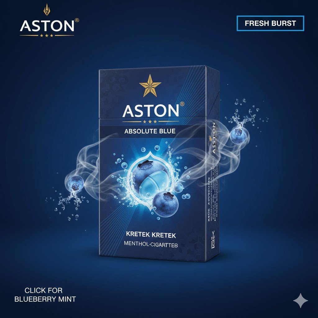 ซองบุหรี่ Aston Absolute Blue สีน้ำเงินเข้ม ดีไซน์พรีเมียม มีกราฟิกรูปบลูเบอร์รี่และละอองน้ำเย็นสดชื่น พร้อมข้อความ Fresh Burst และ Click for Blueberry Mint