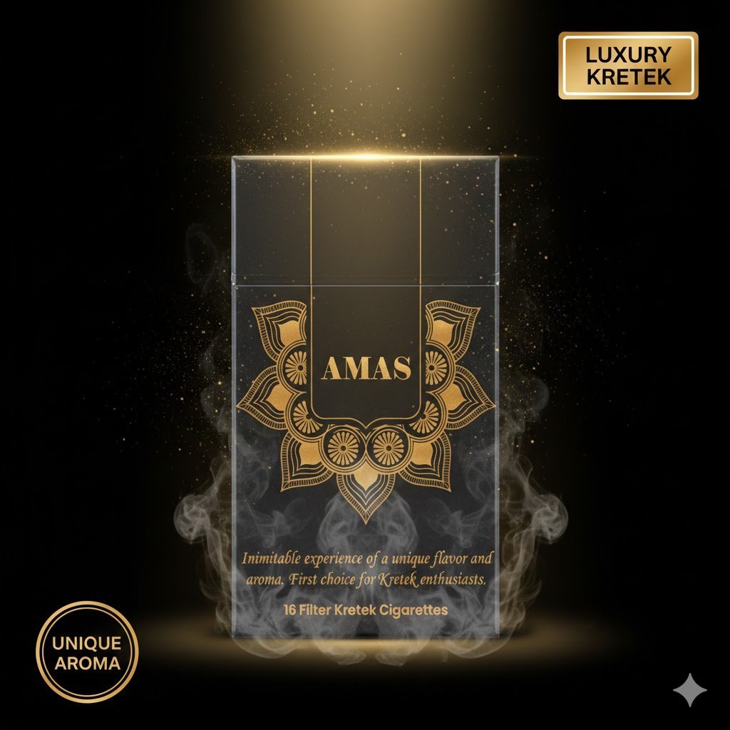 ซองบุหรี่ Amas ดีไซน์หรูหราสีดำตัดลายกนกสีทอง มีกราฟิกควันและละอองสีทองกระจายรอบซอง พร้อมข้อความ Luxury Kretek และ Unique Aroma