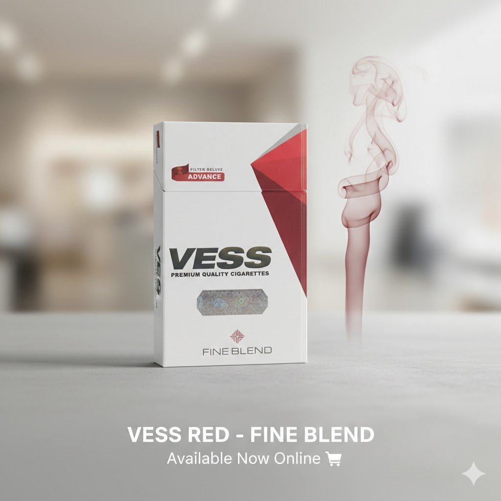 ซองบุหรี่ Vess Red แบบซองแข็ง วางบนพื้นผิวเรียบหรูพร้อมกราฟิกควันสีแดง ดีไซน์ทันสมัยสำหรับคนวัยทำงาน