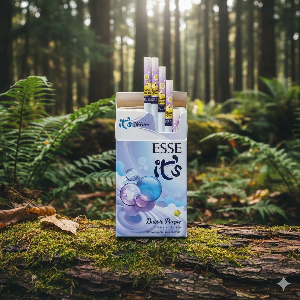 ซองบุหรี่ Esse Bubble Purple Slim วางบนขอนไม้ในป่า แสดงหน้าซองสีม่วงพาสเทลและมวนบุหรี่แบบ Super Slim