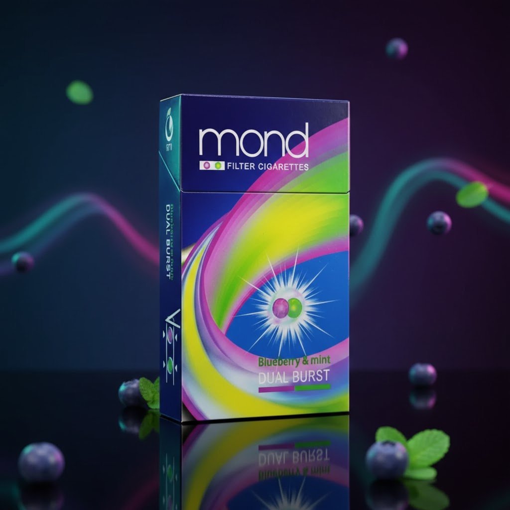 ซองบุหรี่ Mond Dual Burst Blueberry กลิ่นบลูเบอร์รี่และมิ้นท์ แบบ 2 เม็ดบีบ พร้อมภาพพื้นหลังกราฟิกสีสันสดใสและลูกบลูเบอร์รี่