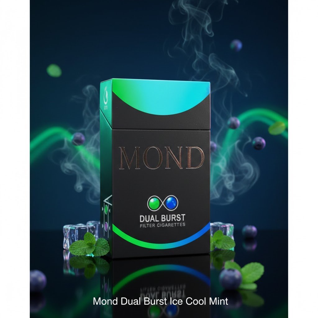 บุหรี่ Mond Dual Burst Ice Cool Mint พร้อมเม็ดบีบเย็นและกลิ่นหมากฝรั่ง บรรจุภัณฑ์สีดำเขียว