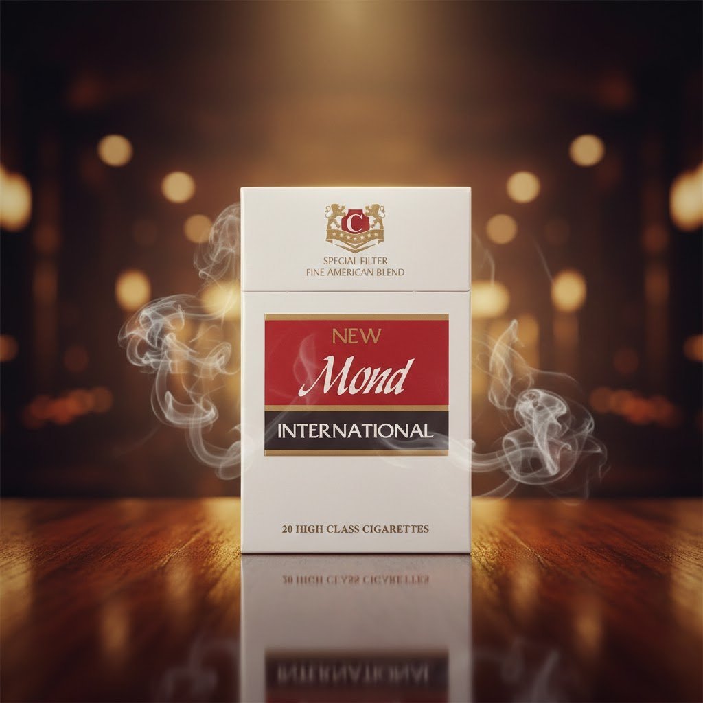 บุหรี่ Mond International ซองขาวแถบแดง ดีไซน์หรูหราบนพื้นไม้พร้อมควัน