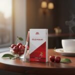 ซองบุหรี่ Gold Mount Cherry Super Slims วางบนโต๊ะไม้คู่กับลูกเชอรี่สดและถ้วยกาแฟ