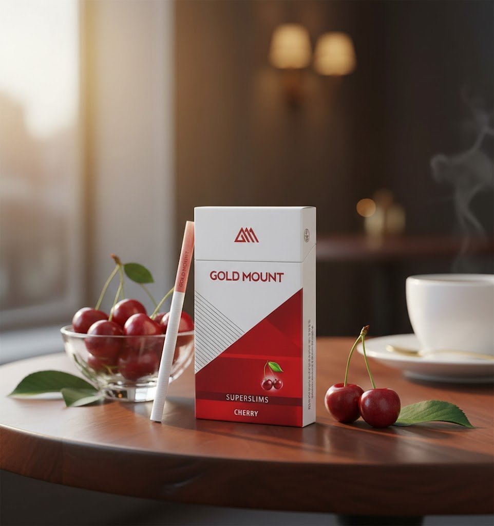 ซองบุหรี่ Gold Mount Cherry Super Slims วางบนโต๊ะไม้คู่กับลูกเชอรี่สดและถ้วยกาแฟ
