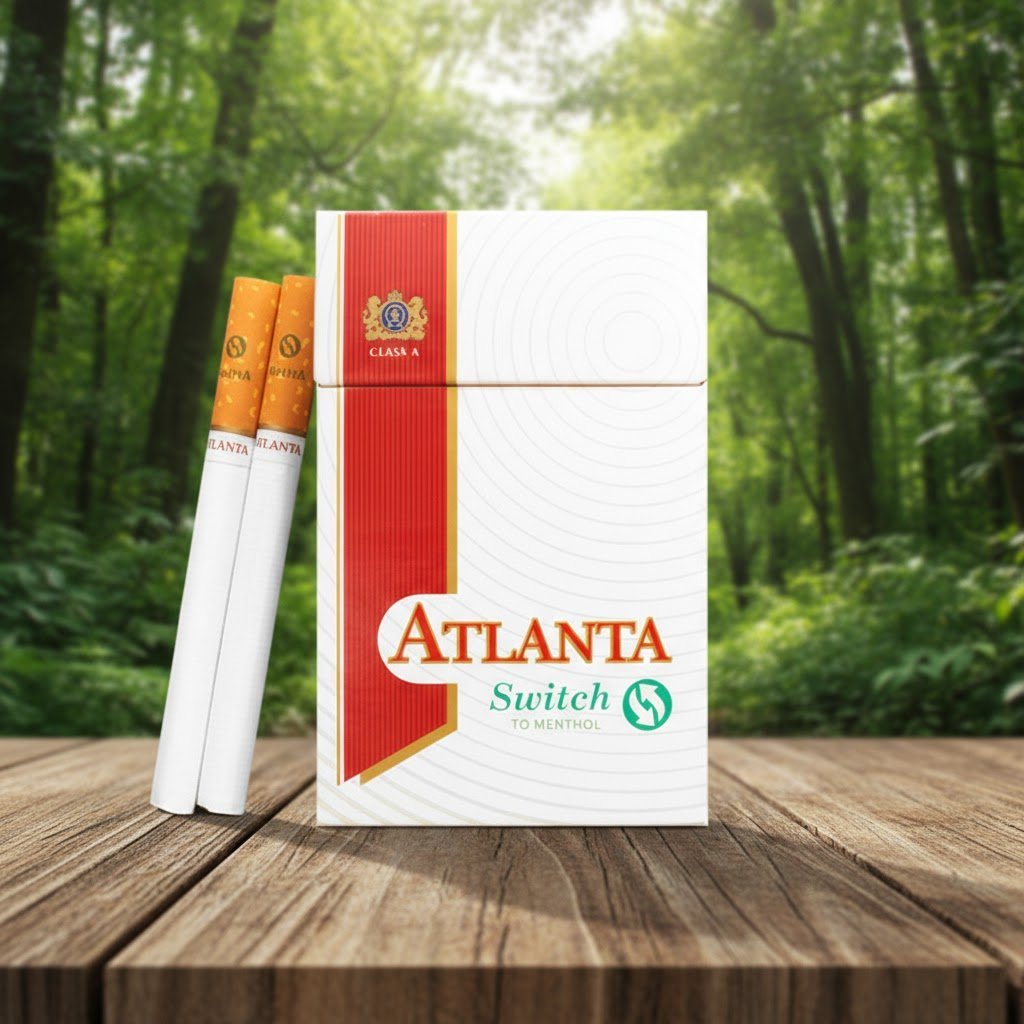 ซองบุหรี่ Atlanta Switch Menthol พร้อมมวนบุหรี่ วางบนโต๊ะไม้ในบรรยากาศป่าธรรมชาติ