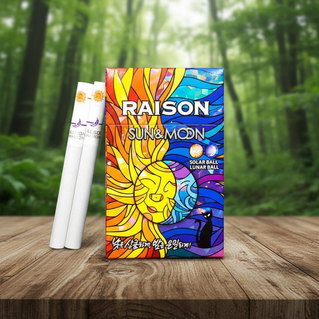 ซองบุหรี่ Raison Sun & Moon ดีไซน์อาร์ตเวิร์กพระอาทิตย์และพระจันทร์ พร้อมมวนบุหรี่บนโต๊ะไม้
