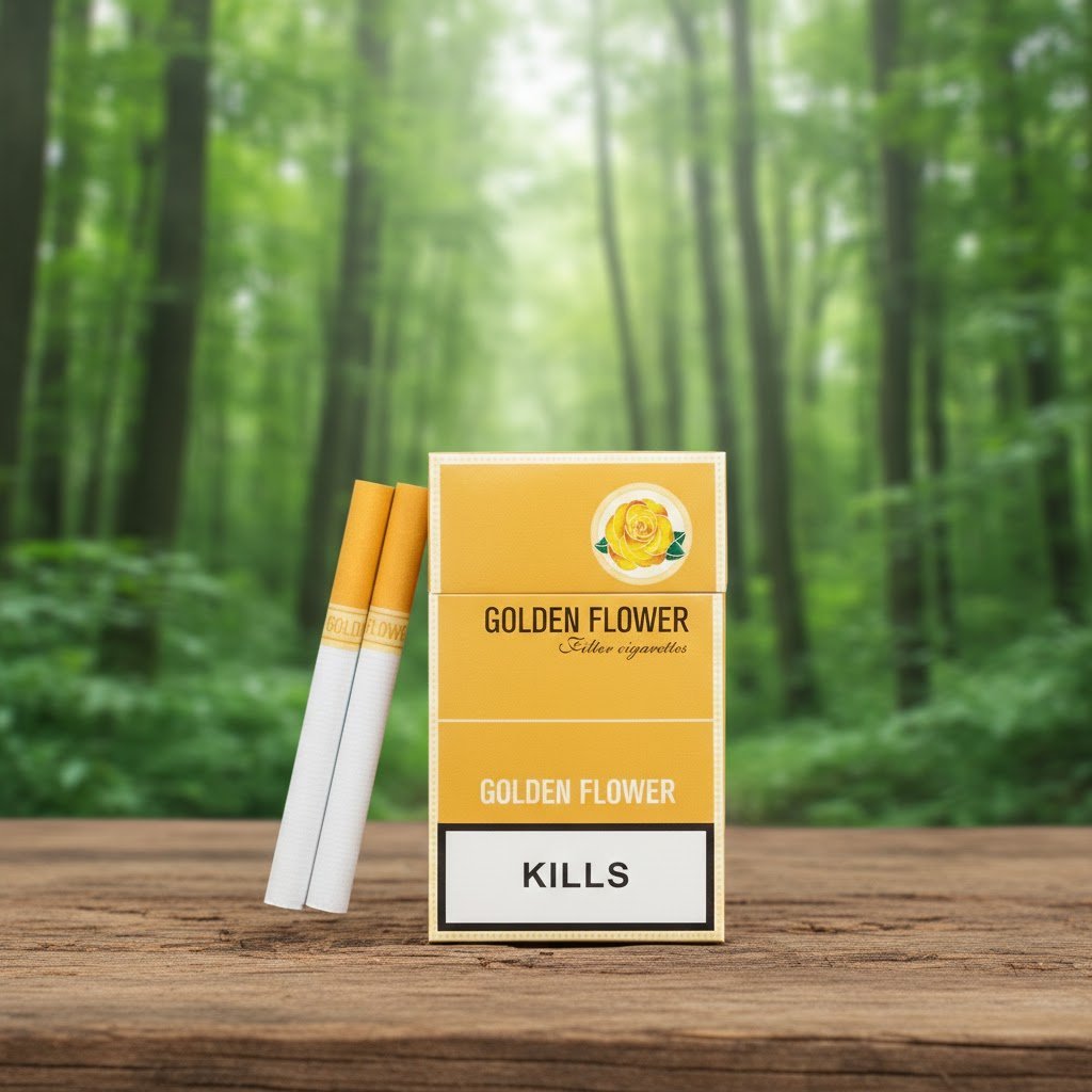 กล่องบุหรี่ Golden Flower สีเหลืองทองลายดอกกุหลาบ วางบนโต๊ะไม้ในสวนป่าสีเขียว