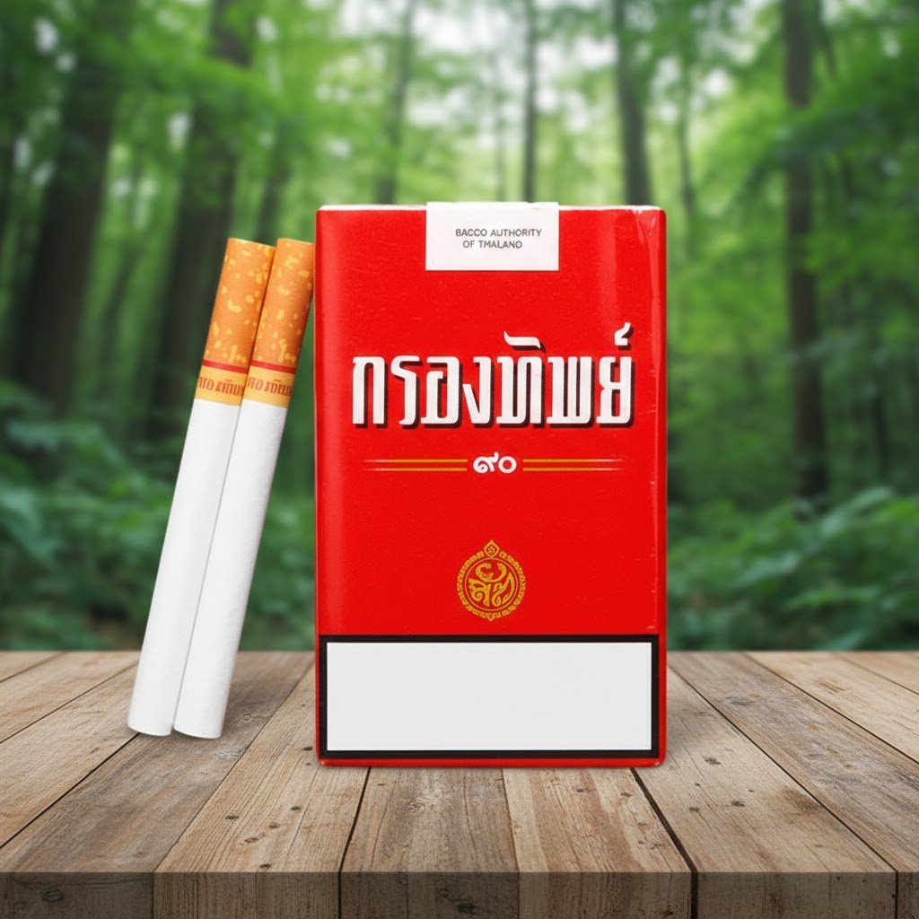 ซองบุหรี่กรองทิพย์ 90 แบบซองอ่อนสีแดง วางบนโต๊ะไม้ฉากหลังป่าไม้ธรรมชาติสว่างไสว