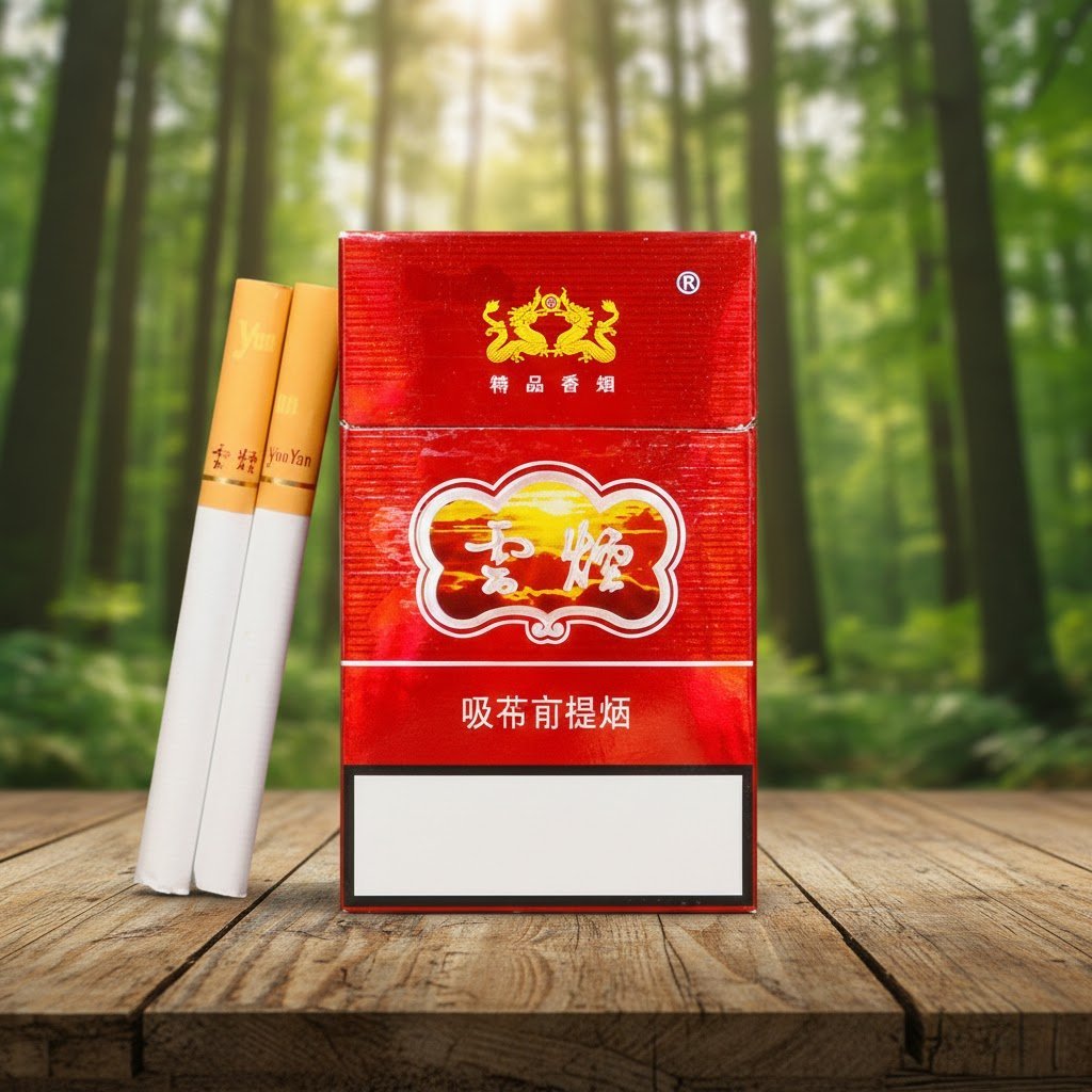 กล่องบุหรี่ Yunyan สีแดงทองหรูหรา วางบนโต๊ะไม้ฉากหลังป่าไม้สีเขียวขจี