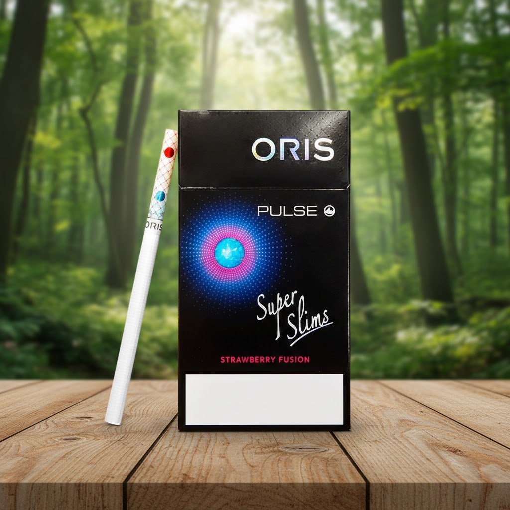 บุหรี่ Oris Pulse Strawberry Fusion ซองสีดำดีไซน์ล้ำสมัย พร้อมมวน Super Slim วางบนโต๊ะไม้ในป่า
